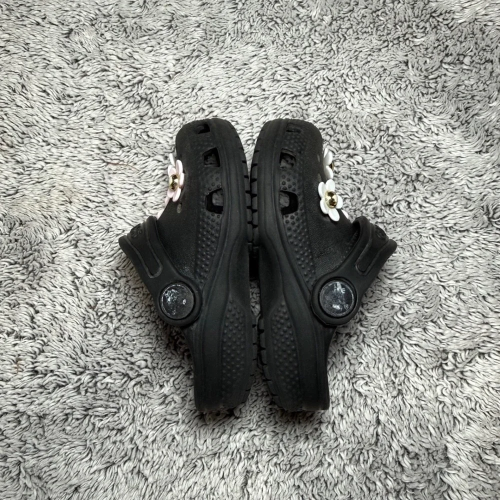Crocs Classic Clogs Black Toddler Sz 5 Floral Flower Jibbitz Charms Slip On Shoe